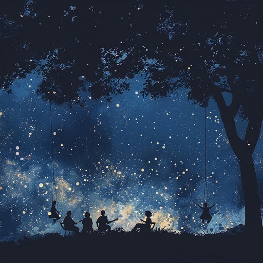 Imagine a 1940s swing band performing in a meadow under a starry night sky, with a gentle ethereal ambiance that adds a touch of magic and dreaminess. The melody is carried by a smooth saxophone, accompanied by soft brushes on the drums, a walking bass line, and sparse, shimmering piano chords echoing like whispers of the night.