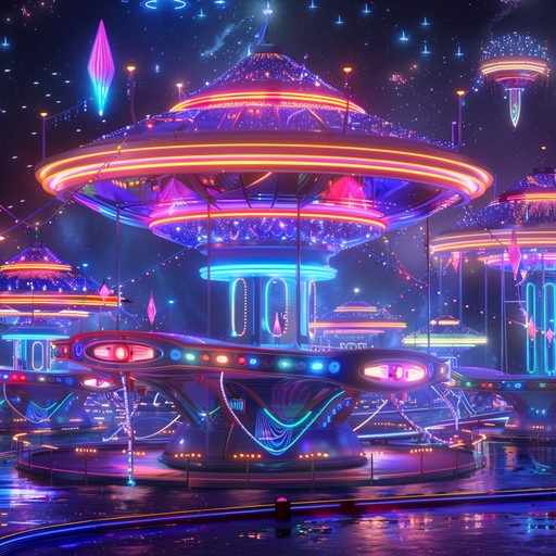 Dive into a sci fi carnival filled with vibrancy and color, where exuberant electronic rhythms and synthesized melodies take center stage. This track reimagines a traditional fairground through a futuristic lens, creating an immersive experience with dynamic energy that makes you feel like you're part of an interstellar festival.