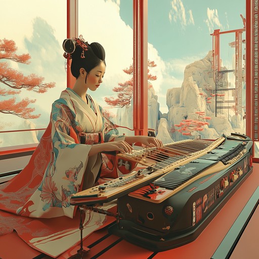 A vibrant and unusual instrumental piece combining glitchy idm beats with traditional japanese koto, evoking an energetic and otherworldly atmosphere.