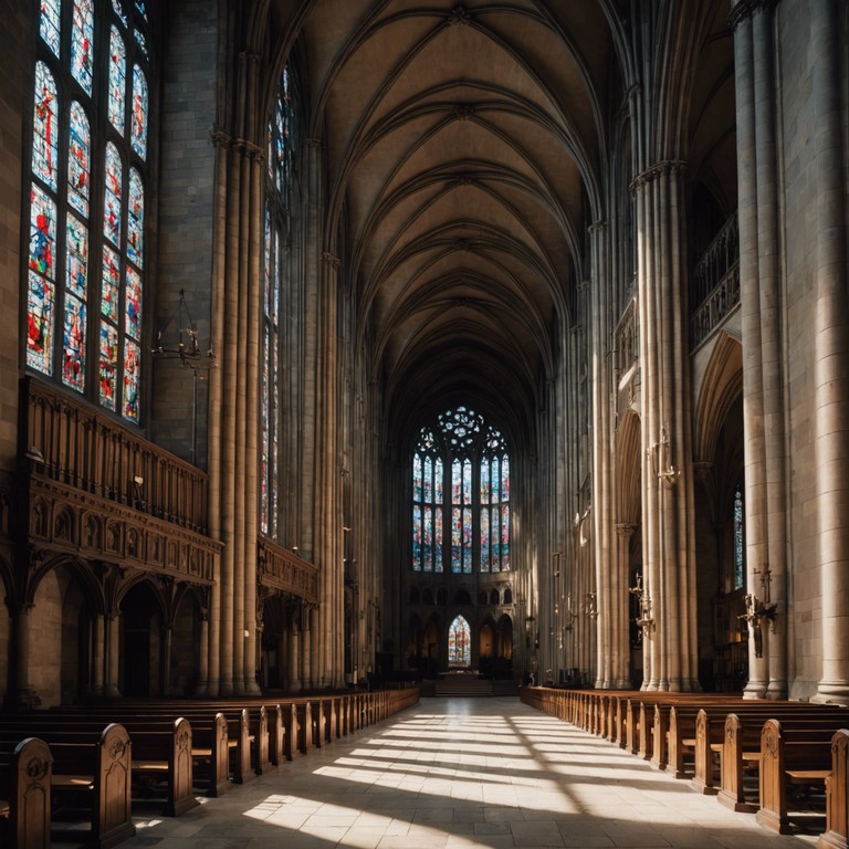 In a large, ancient cathedral, filled with the soft glow of candles, a choir delivers deeply moving, spiritual melodies. Echoes fill the vast space, creating an otherworldly experience as the voices ascend towards the high, intricately designed ceilings