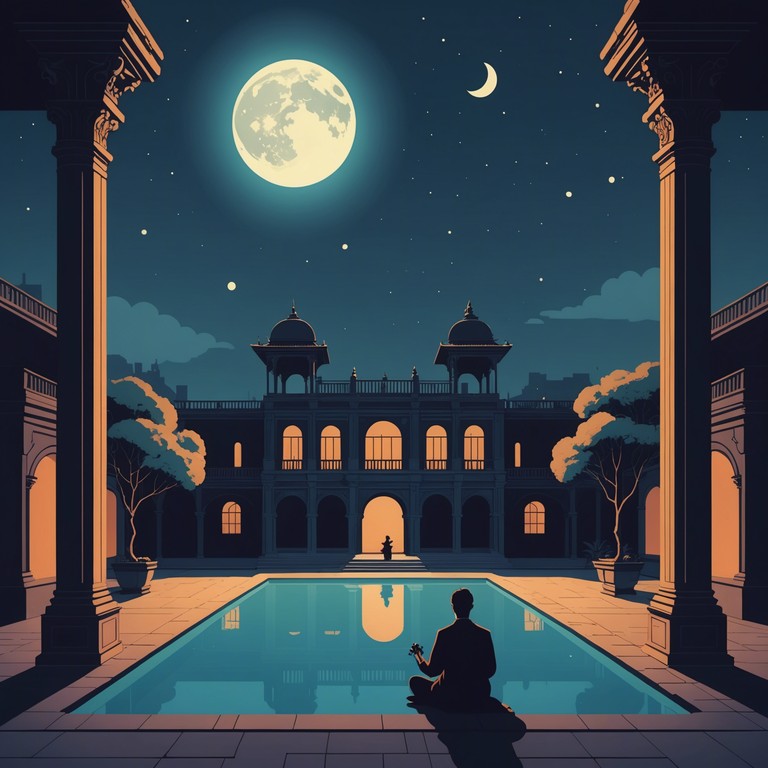 A mesmerizing hindustani track embodying the essence of a moonlit, mystical night, with flowing melodies that evoke a deep sense of yearning and passion. The music, heavily reliant on the sitar's melodic twangs, seamlessly integrates with ambient sounds to create an atmosphere of ancient royal courts. The piece aims to transport the listener to a time where music was not just heard but deeply felt within the soul.