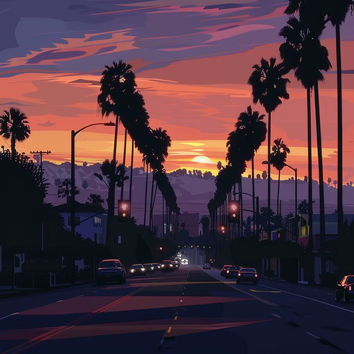 Imagine an instrumental track capturing the essence of a serene, nostalgic drive down sunset boulevard, where the sun dips below the horizon in a spectacle of colors, invoking a feeling of wistfulness and gentle excitement.