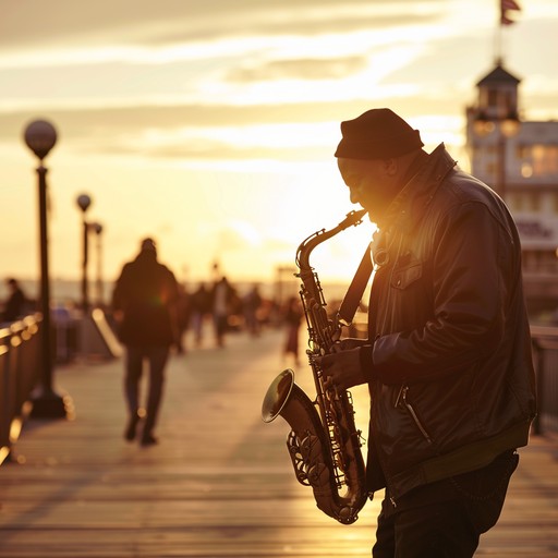 Imagine a lively beach party as the sun sets, where everyone is dancing to a blend of energizing jazz and funk played by a charismatic saxophonist.