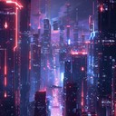 pounding electronic beats in a neon lit city environment