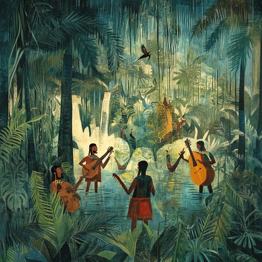 An energetic and exotic journey into the heart of a dense, vibrant rainforest, combining intense drum and bass rhythms with tribal percussion, evoking a sense of primal dance and natural energy