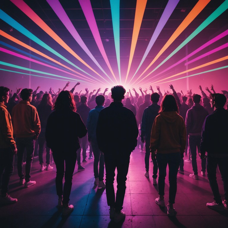 An instrumental track featuring deep electronic beats and synthesized melodies, perfect for a lively dance party setting. The music is uptempo, with energetic rhythms that encourage dancing and a feeling of excitement.