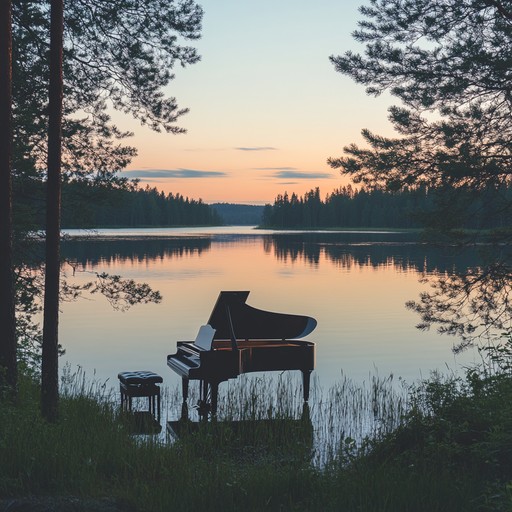 A dramatic and reflective instrumental inspired by the tranquility of finland's midnight sun. The composition features gentle piano notes combined with ambient electronic synths, painting a sorrowful yet serene aural landscape. The music dynamically shifts, capturing both the stillness and introspection of summer nights.