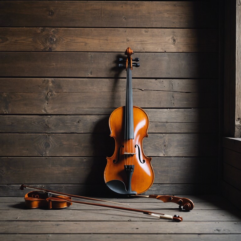 Imagine an orchestral violin playing gracefully against a backdrop of a country sunset, where the sophistication of a concert hall meets the rustic aura of a wooden barn.