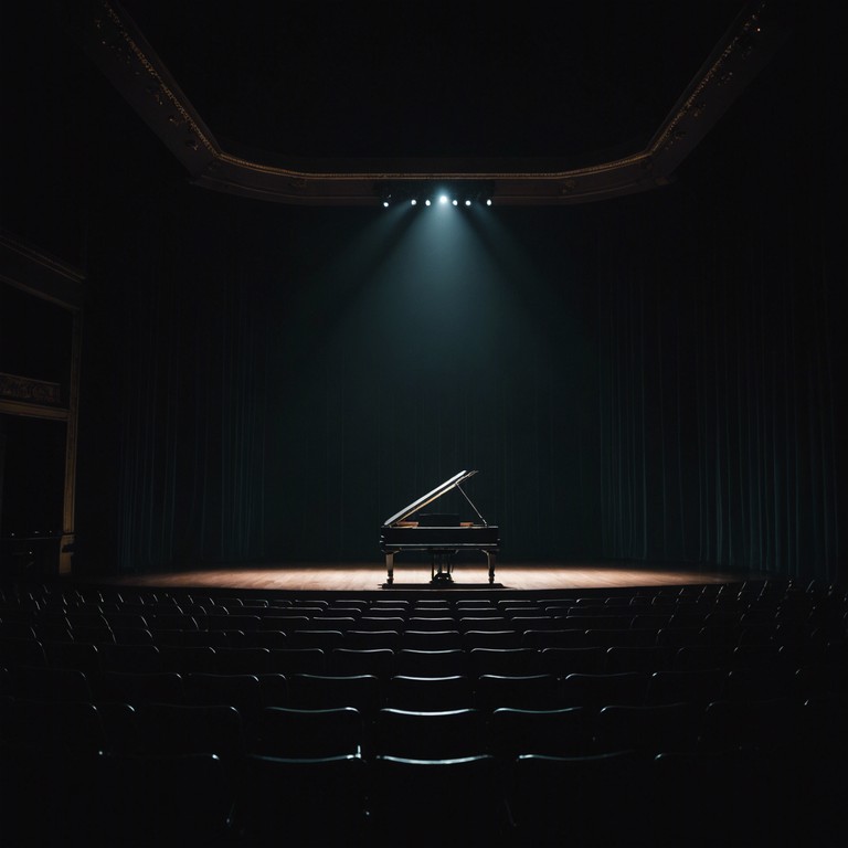 Explore the intimate ambiance of a broadway theater after the curtains fall, where the soft notes of a piano offer a contemplation of the day's performances, merging classical influences with the unique energy of theater life.