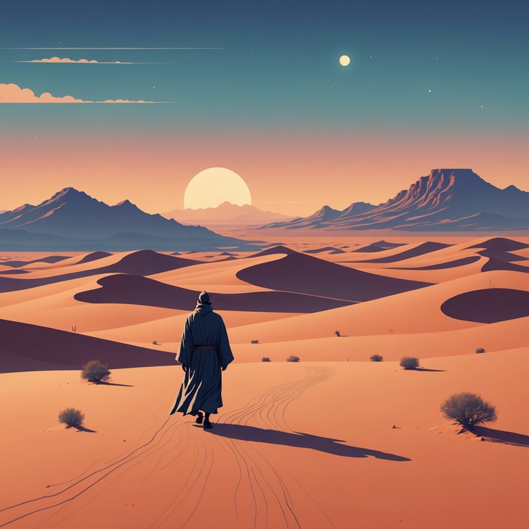 This track evokes the mystical aura of wandering through a serene, surreal desert landscape, underpinned by a blend of ethereal synths and traditional middle eastern instruments. The music slowly builds a dreamlike quality, perfect for introspective journeys or meditative moments.