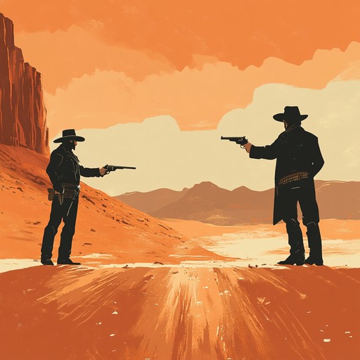 Capture the suspense of a high noon duel in the desert with dramatic pauses, echoed gun clicks, and tense string vibrations. The stark landscape enhances the foreboding atmosphere, building to an inevitable and gripping climax.