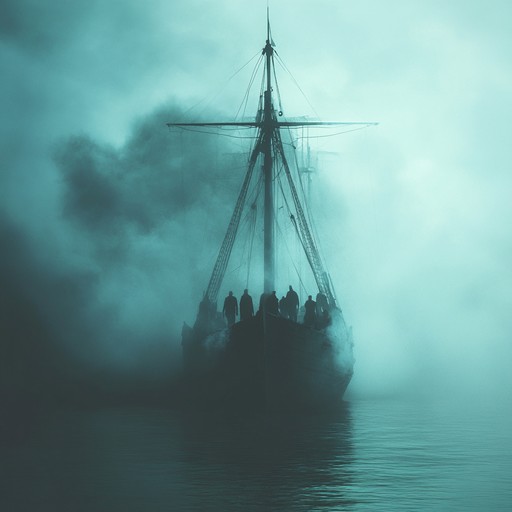 Capture the eerie essence of a haunted russian naval ship on a ghostly voyage through dark, fog laden waters. Haunting piano notes intermingle with echoing foghorns and distant, ghostly whispers, creating an unsettling atmosphere.