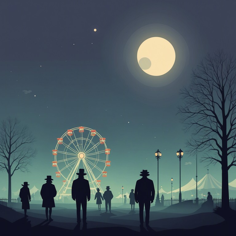 Imagine a scene of a mysterious, moonlit carnival where playful melodies intertwine with an eerie sense of adventure. The music captures the essence of a nocturnal festival with unexpected twists around every corner, blending fun with a hint of danger.