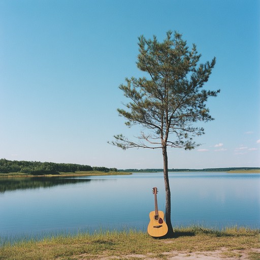 A song that encapsulates the essence of peace and tranquility through the soft strumming of an acoustic guitar paired with the symphony of a flowing river, intended to soothe the mind and inspire a sense of calm within the listener.