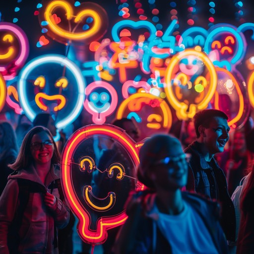 Imagine a night parade with neon lights illuminating happy faces, colors reflecting joy and exuberance. The music pulses with high energy synths and danceable beats, perfect for a night of unending revelry.