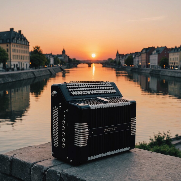 Imagine sitting on a wooden dock, accordion playing softly, with gentle waves lapping and the evening air filled with the scent of freshwater and blooming flowers nearby.