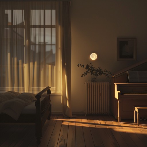 A soft piano tune gently unfolds, filled with yearning and a sense of melancholy. The ambient sounds of a quiet bedroom at night amplify the introspective mood, enveloping the listener in a cocoon of private reflection, mesmerized by the tranquil and nostalgic melody.