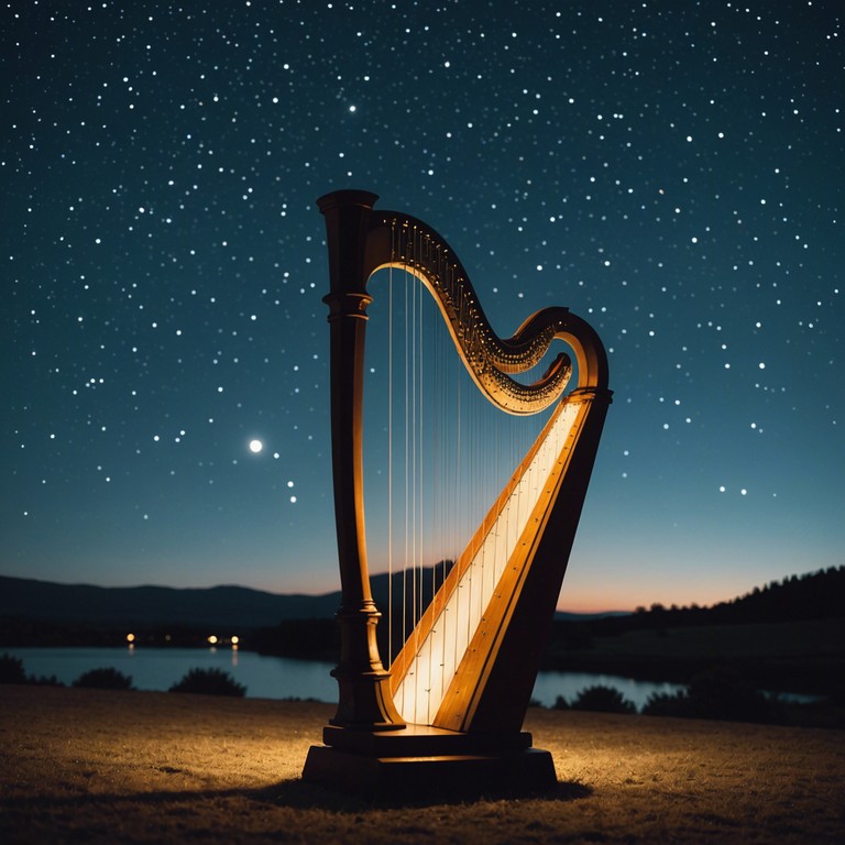 A serene musical composition featuring the delicate sound of a harp, designed to calm the listener's mind and transport them to a peaceful starry night, where the worries of the day melt away under the watchful eyes of the cosmos.