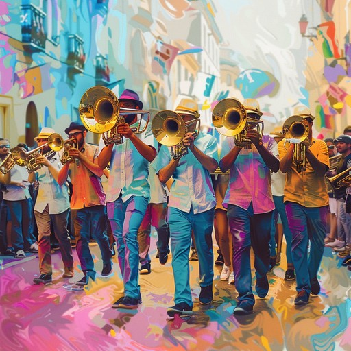 Imagine a bustling city street on a sunny day, a brass band leading the way with exuberant melodies and tight percussion rhythm. This spirited, toe tapping number brings an infectious energy that gets everyone moving to the beat, celebrating life with every note in a dynamic, joyful performance