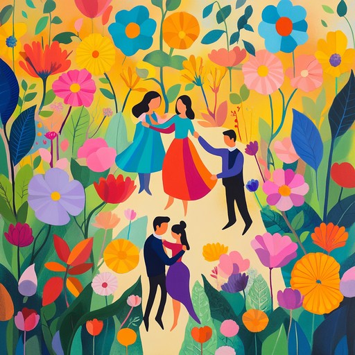 A cheerful and lively instrumental piece capturing the essence of a romantic dance in a sunlit garden, filled with blooming flowers and vibrant life. Joyful and whimsical melodies intertwine with uplifting rhythms to create an atmosphere of love and happiness.