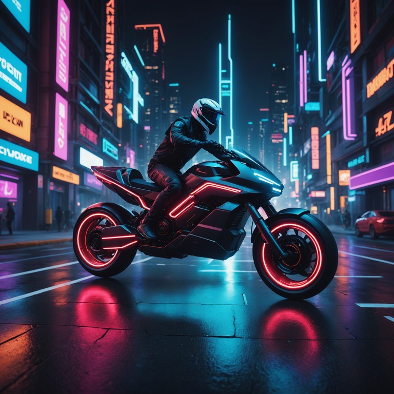 In this track, electric guitars fuse with synthetic drum beats to create a soundscape that feels like sailing across the neon lit cliffs of a futuristic city. The music combines elements of hard rock's intensity with the polished gleam of futuristic electronic music, creating a soaring, adrenaline pumping experience that simulates a night ride on a hoverbike through a sci fi metropolis.