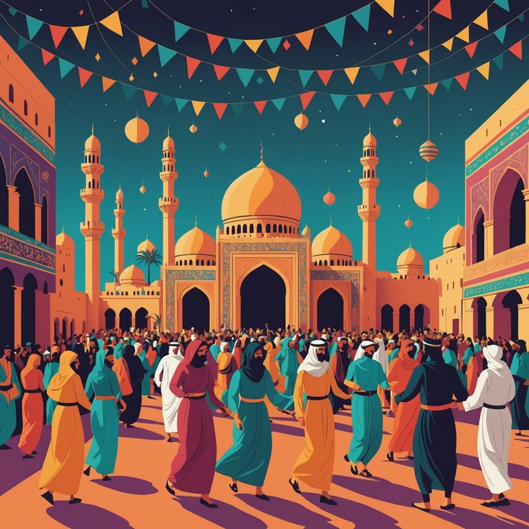 A celebratory track that encapsulates the vibrant atmosphere of a middle eastern festival, featuring traditional instruments and a rhythlyricess driving the festive spirit throughout. A composition suitable for joyous occasions, reflecting both the traditional and dynamic aspects of eastern celebrations.