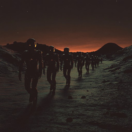 A futuristic military anthem using synthesizers and powerful percussion to evoke a surreal alien battlefield. Blending harsh combat elements with ethereal soundscapes for an intense listening experience.