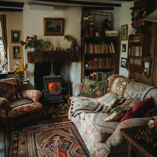 A warm and inviting cottage interior with rustic wooden furniture, soft floral fabrics, and vintage decorative accents. The space feels cozy, comfortable, and charming, perfect for relaxing and unwinding.