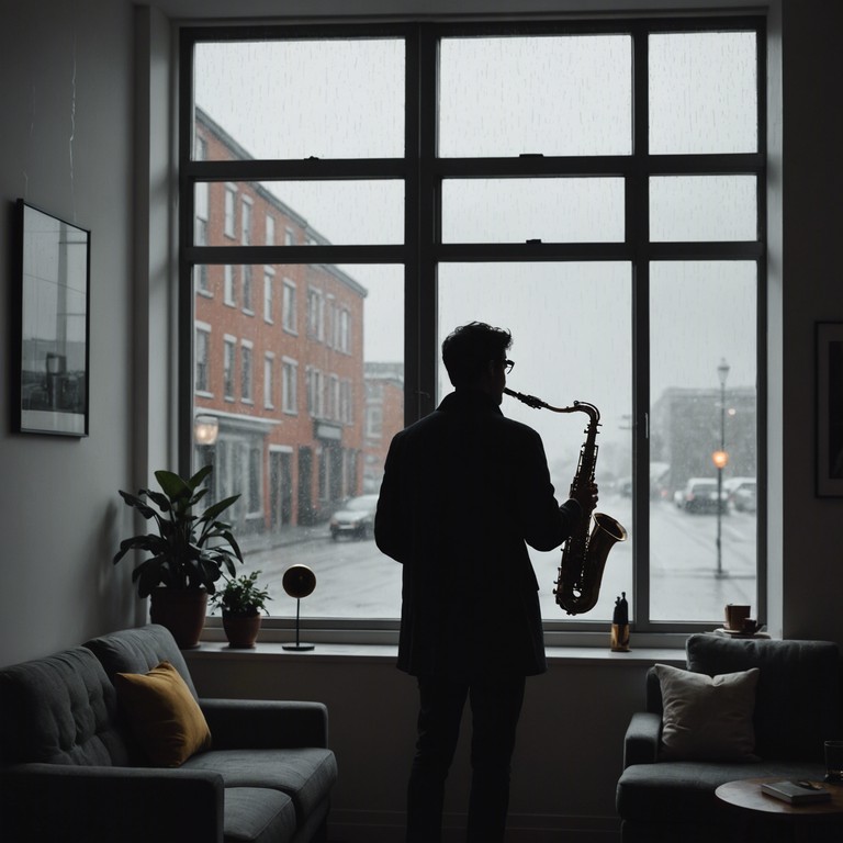 Echoing the gentle pitter patter of rain, this composition uses smooth jazz encapsulated within the soothing sounds of an evening thunderstorm, promoting a peaceful and introspective ambiance, perfect for personal reflection or quiet, indoor activities.