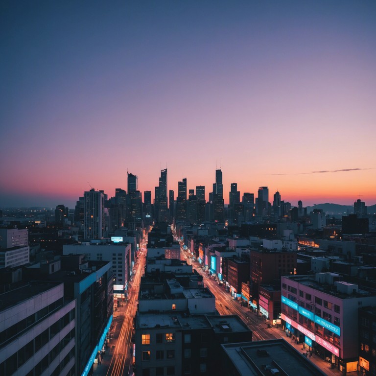 Imagine walking through the bustling streets as the sun sets, the sounds of the city merging with soulful rhythms and dynamic edm beats, reflecting the city's heartbeat against a canvas of twilight.