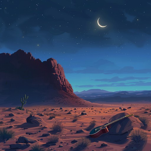 Craft a soulful rock instrumental with evocative guitar melodies under the moonlight in a vast desert landscape, blending heartwarming harmonies with powerful crescendos