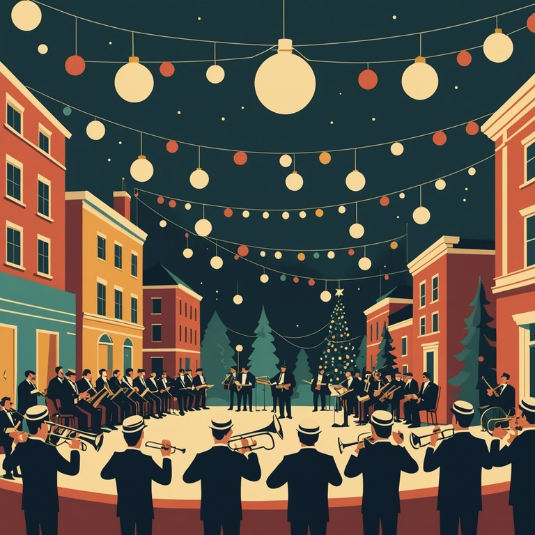 A joy inducing instrumental that recreates the frolic and fun of holiday seasons passed, utilizing a vibrant brass section and rhythms reminiscent of classic holiday records, perfect for a festive celebration.