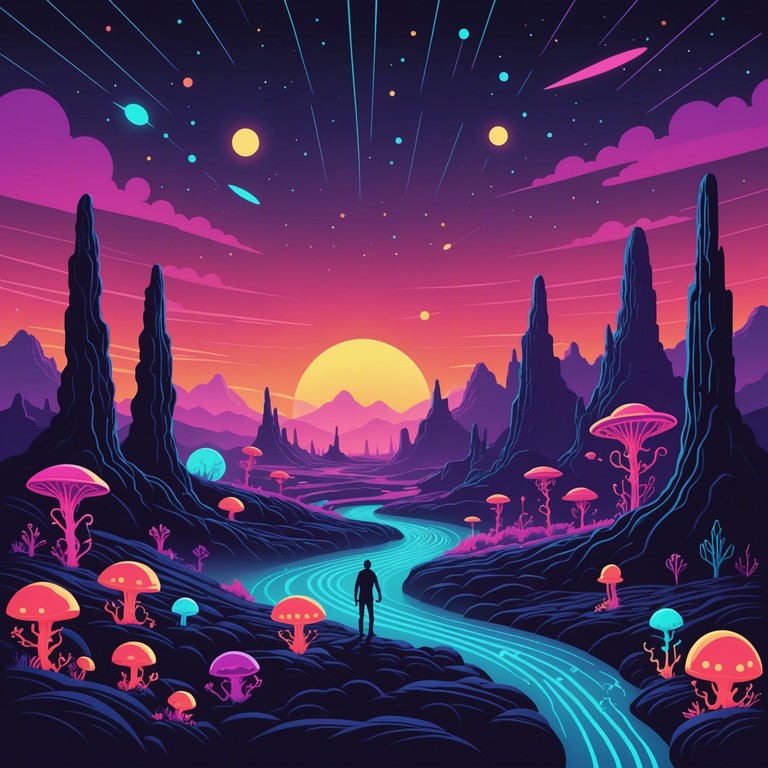 This track combines vibrant, energetic beats with unusual, quirky synth sounds that mimic wandering through a neon lit extraterrestrial landscape. It's like a musical odyssey into a lively otherworldly party, where each note bends the perception of traditional rhythms and melodies.