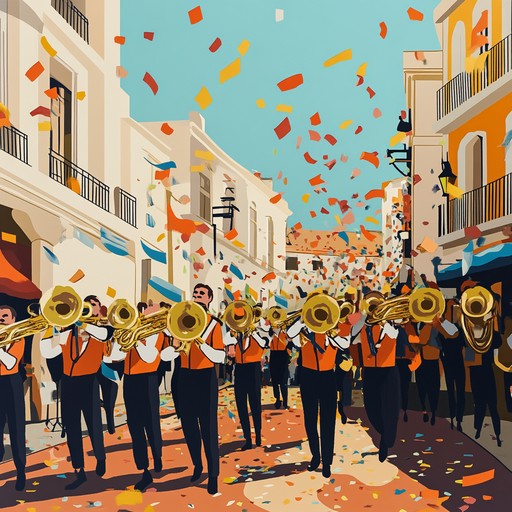 A cheerful and triumphant instrumental piece that features the lively and grand sounds of a traditional military marching band. The composition aims to evoke feelings of pride, joy, and unity, capturing the essence of a victorious parade with vibrant brass and dynamic percussion