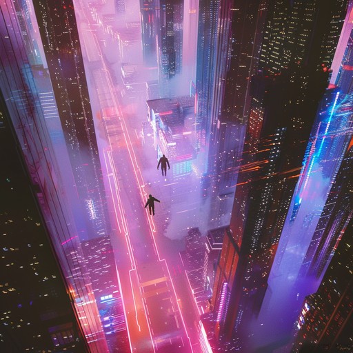 Picture a neon lit skyline at dusk, where synth battles rage high above the streets. The music features epic synth melodies and driving rhythms, encapsulating the tension and grandeur of this futuristic showdown.