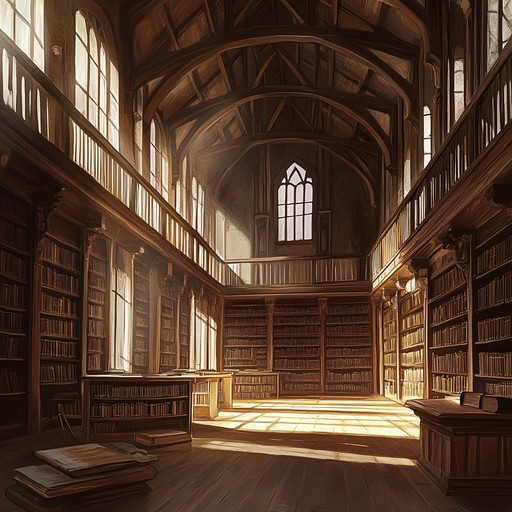 In a serene and vast ancient library, the gentle, soothing sound of a solo flute echoes through the towering aisles of books, capturing the enchantment and wisdom preserved over millennia. The music accompanies the listener into a realm of introspection and vast knowledge, promoting deep concentration and a tranquil mind.