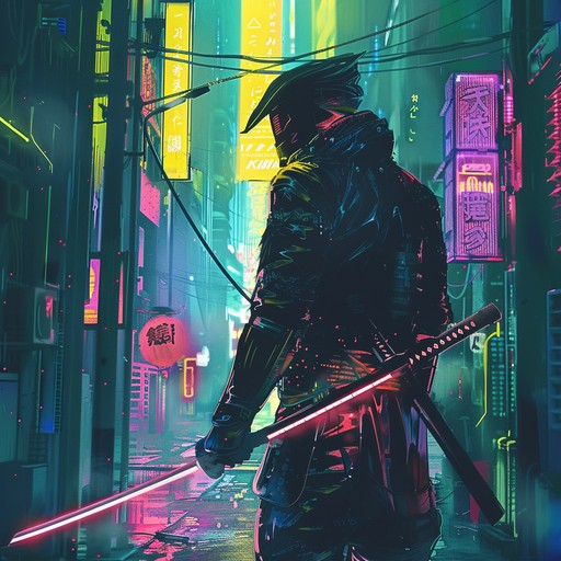 An exhilarating blend of traditional japanese instrumentation with high tech futuristic beats and rhythms. The electric guitar drives the forceful, fast paced composition, layered with the exotic sounds of the shamisen and taiko drums, creating a thrilling soundtrack for an epic samurai battle in a cyberpunk cityscape.