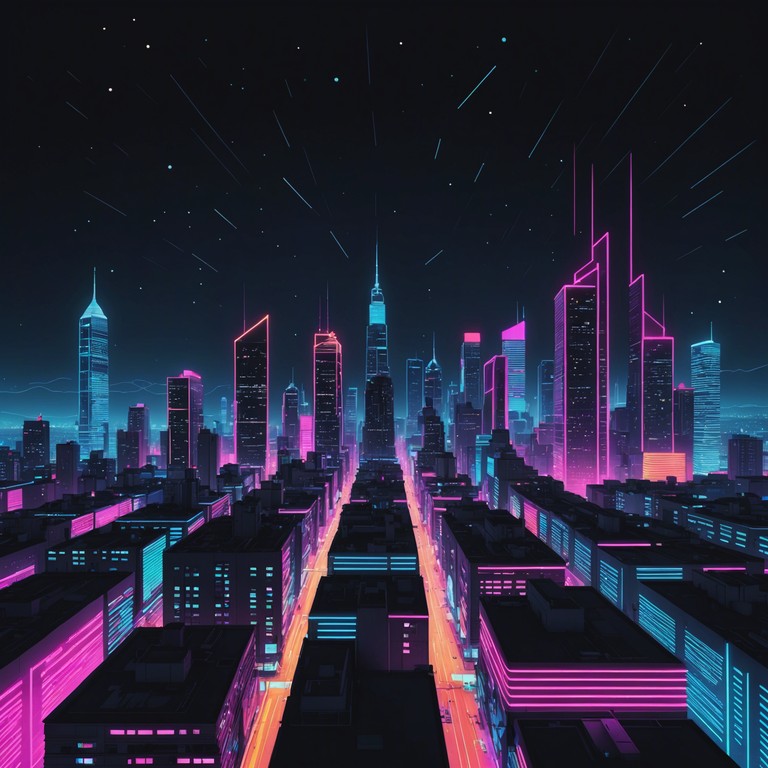 An instrumental track that feels like floating through a neon lit celestial city, with layered synthesizers creating complex, ethereal sound patterns that emulate the vastness of space.