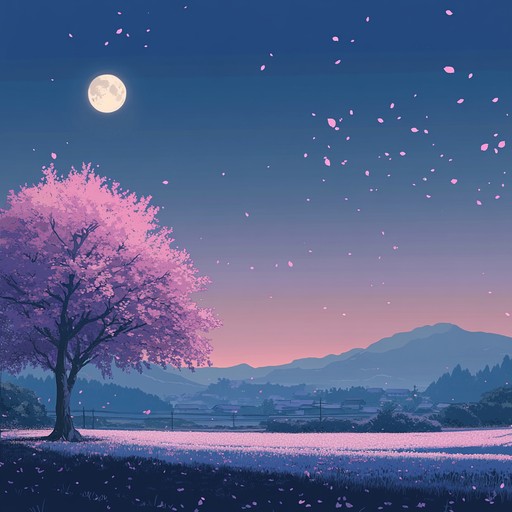 A calming instrumental piece blending traditional japanese sounds with ambient textures, evoking peaceful anime scenes under cherry blossoms.