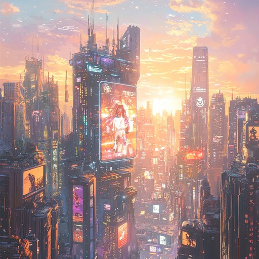 A lively instrumental featuring pulsating synth rhythms and catchy melodies, evoking a sense of excitement and happiness amidst the futuristic cyberpunk cityscape