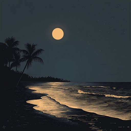 This piece captures the essence of a serene night illuminated by the gentle glow of the moon, with rhythmic echoes and subtle beats creating an immersive auditory experience. The music subtly integrates natural nighttime sounds with a steady, rhythmic pulse, envisioning a soundscape that mimics the tranquil and mysterious atmosphere of a moonlit landscape.