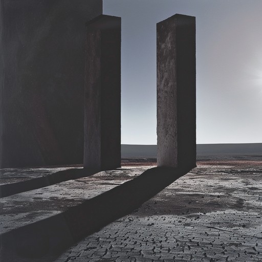 A foreboding soundscape with deep drones, eerie textures, and haunting synths creating an atmosphere reminiscent of forgotten, ancient monoliths casting long shadows on a barren landscape. The piece builds tension with sparse yet impactful sound elements, drawing the listener into a dark, immersive environment.