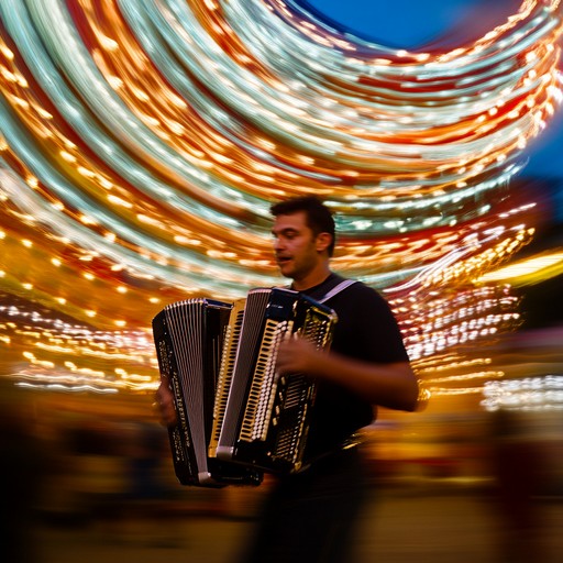 An upbeat instrumental polka that captures the exhilaration of dancing beneath swirling lights of a carousel at a lively fair, featuring spirited melodies and rhythms that convey joy and motion.