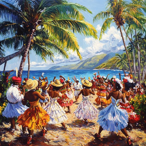 A spirited instrumental piece blending vibrant steel drum melodies with dynamic percussion rhythms, embodying the cheerful atmosphere of a caribbean beach celebration.