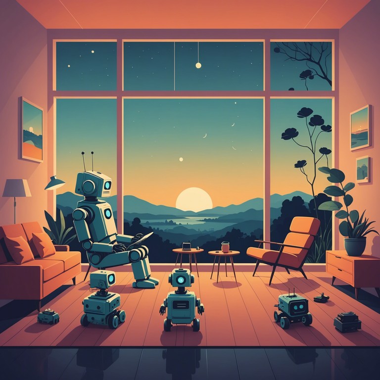 Imagine a scene where gentle, melodic sounds emanate from tiny, whimsical robots in a softly lit room, bringing peace and tranquility through their delightful toy like instruments.