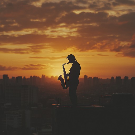 An instrumental jazz composition featuring a soulful saxophone melody that evokes the calm and introspective mood of dusk settling over a tranquil cityscape.