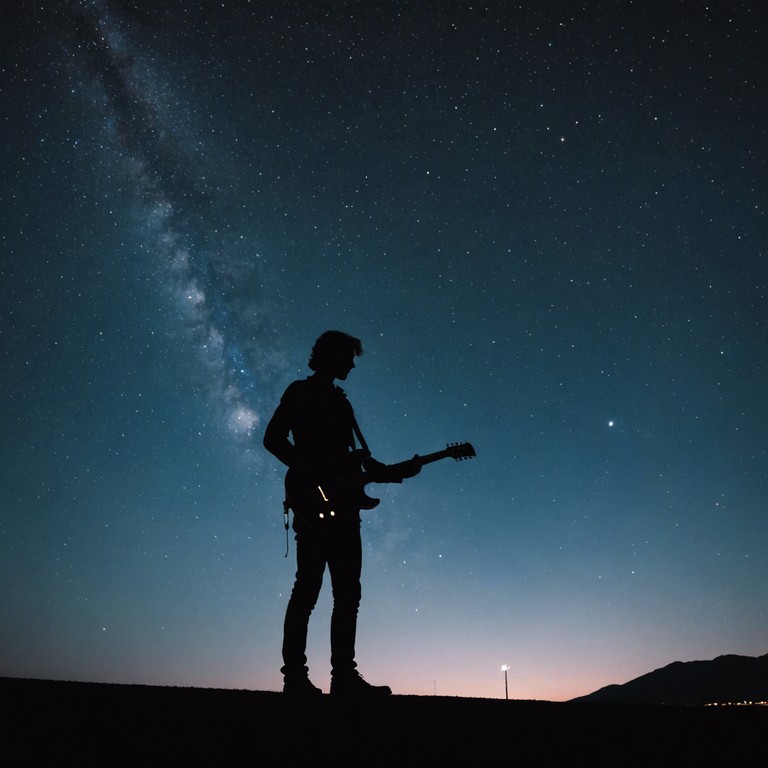 Imagine a tranquil night under a vast starlit sky, with ethereal guitar riffs echoing softly, crafting a serene, somewhat introspective soundscape. The gentle plucking resonates with the quiet hum of the nocturnal earth, inviting the listener into a dreamlike state of peace and contemplation