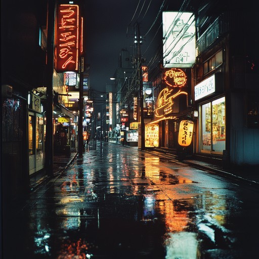 A melancholic instrumental j pop piece that captures the feeling of solitude while wandering through the rain soaked streets of tokyo at night, blending gentle synth melodies with soft piano undertones.