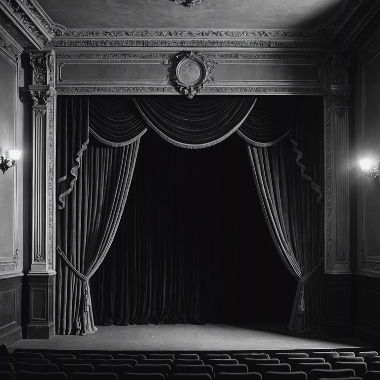 In a dimly lit vintage theater, velvet curtains whisper tales of long lost loves and timeless regret. The soundscape is rich with theatrical mystery, blending deep, soulful accordion melodies with a touch of eerie silence, conjuring a feeling of antiquated splendor combined with deep emotional turmoil.