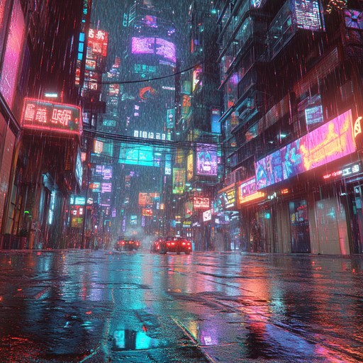 Picture a sprawling cyberpunk metropolis bathed in neon lights, where rain soaked streets reflect holographic advertisements and flickers of tech anomalies. Pulsating synth waves blend with echoing beats, creating an immersive and hypnotic soundscape that propels listeners through this futuristic urban jungle.